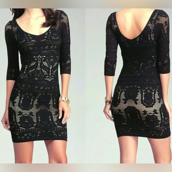 Bebe Black Tan Bodycon above the knee Dress Scoop Neck 3/4 Sleeves size Small - Picture 1 of 9